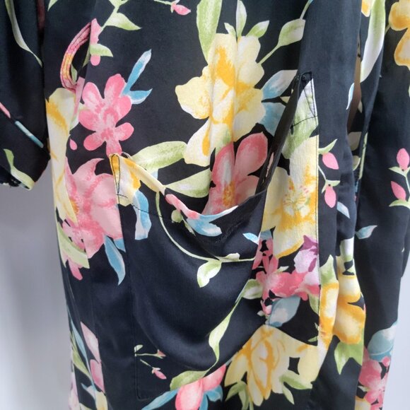 Robert Stock 100% Silk Black Floral Kimono Robe Size Medium - Picture 6 of 8